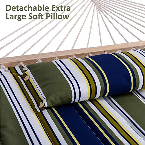 SUNCREAT Double Hammock, Extra Large Quilted Fabric Swing with Hardwood Spreader Bars & Detachable Pillow, Heavy Duty, Perfect for Indoor/Outdoor Patio, Deck, Yard, Blue&Aqua - color: Blue&aqua, size: 12 ft Stand