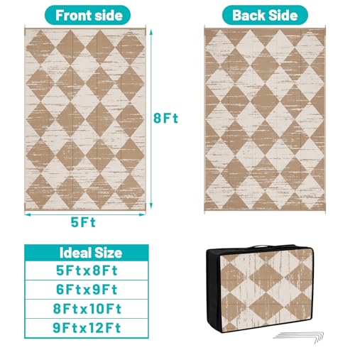 HEBE Checkered Outdoor Rug Waterproof 5x8, Reversible Plastic Straw Rug RV Camping Rug, Indoor Outdoor Patio Mat Clearance, Outside Carpet for Porch,Deck,Camper,Balcony,Backyard,Picnic - color: Light Beige, size: 5' x 8' (Rectangular)
