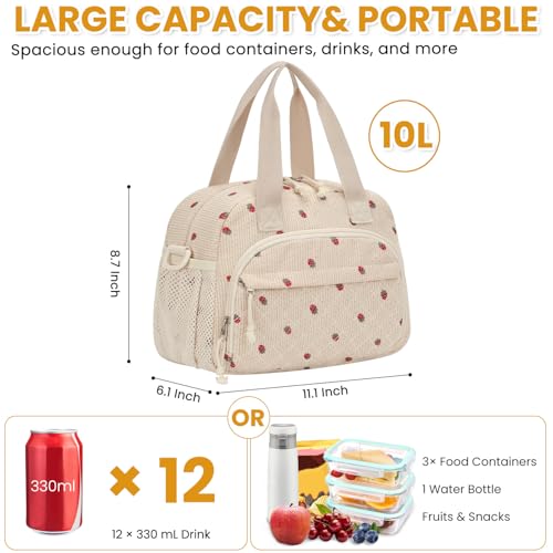 ELONGRIVER Corduroy Insulated Lunch Bag for Women Teen Girls, Portable Adult Lunch Box, Reusable Tote Cooler Bags, Lightweight Womens Lunch Bags with Front Pockets Work Picnic Travel, Beige Strawberry - color: Beige Strawberry