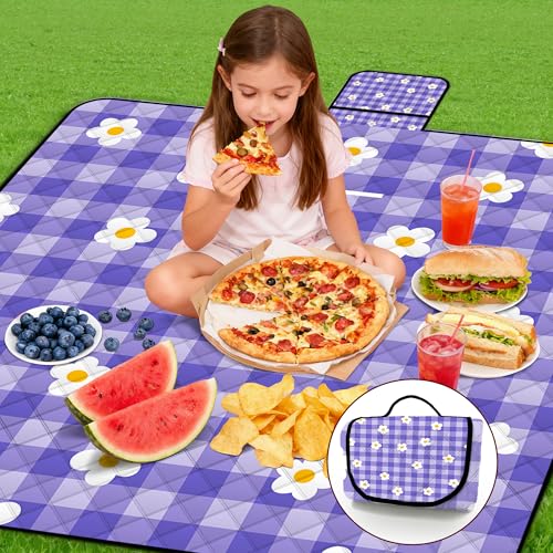 Extra Large Picnic Blanket Waterproof,80"x 80"Foldable Machine Washable Beach Blanket,Outdoor Blanket for 6-8 Adults,Suitable for Indoor Crawling,Park Beach,Camping,Hiking,Family Travel(Purple) - color: Purple Tile, size: 6'8" x 6'8" (Square)