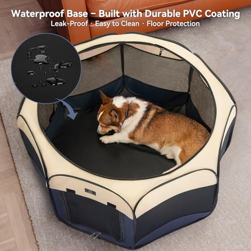 Dog Playpen for Small Dogs & Puppies, 50.39" Portable Indoor Outdoor Puppy Playpen with Bowl, Waterproof Floor, Foldable Pop-Up Pet Pen for Home, Travel & Daily Use, Blue+Beige - color: Blue+Beige, size: L(50.39"x50.39"x25")
