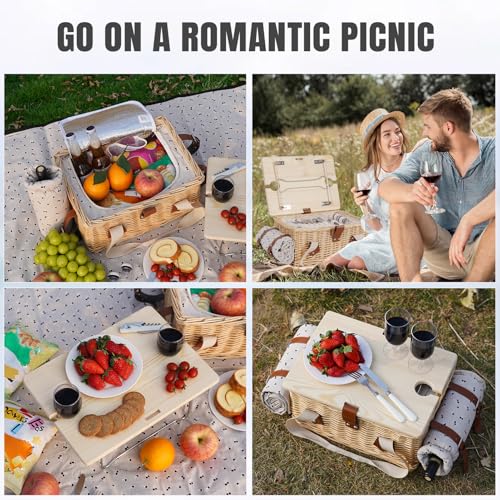 HappyPicnic Picnic Basket for 2, Handmade Wicker Picnic Set with Folding Table and Waterproof Blanket, Large Insulated Picnic Basket with Wine Bag & Cutlery Kit for Picnic, Camping, Holidays (Flower) - color: White Flower, size: 2-person set