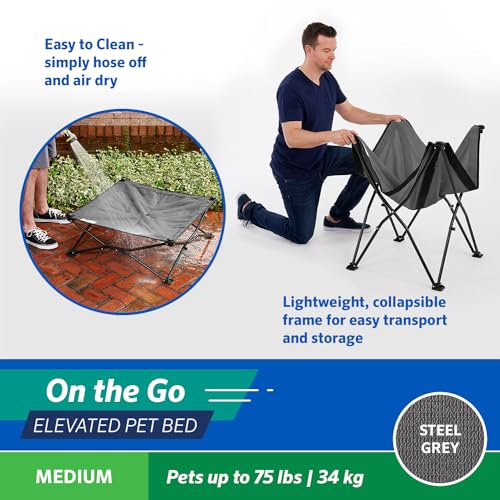 Coolaroo On-The-Go Elevated Dog Bed - Foldable Pop-Up Travel Dog Bed with Breathable, Moisture-Resistant Fabric, Carry Bag Included, Lightweight & Portable, Steel Gray, Medium - color: Steel Grey, style: Medium