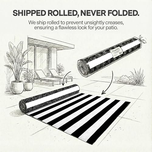 FH Home Outdoor Rug - Waterproof, Fade Resistant, Reversible - Premium Recycled Plastic - Striped - Porch, Deck, Balcony, Mudroom, Laundry Room, Patio - Brittany - Black & White Crease Free - 3 x 5 ft - color: Brittany - Black & White, size: 3' x 5' (Rect