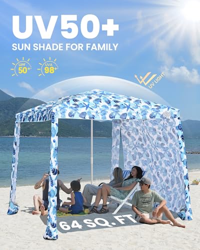 Qipi Beach Cabanas for Sand, Beach Canopy with Sandbags & Side Wall for Family, Easy Set Up Sun Shelter, UPF 50+ UV Protection with Roof Vent - color: 8' x 8' Sea Life Dual-Fold