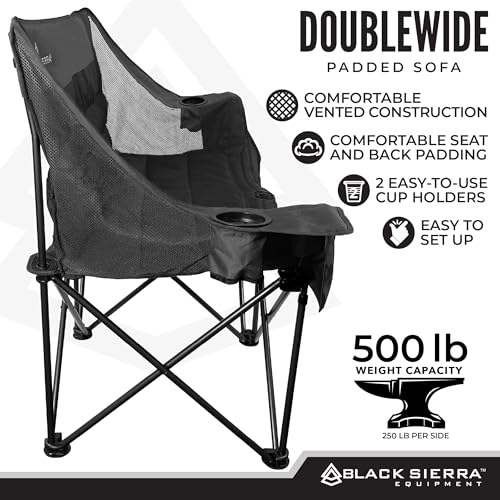 Black Sierra Double Camping Chair, Padded Oversized Loveseat, 2 Person Folding Seat Supports 500 lbs, Portable Outdoor Sofa for Beach, Tailgating, RV, Sports, Patio - color: Black
