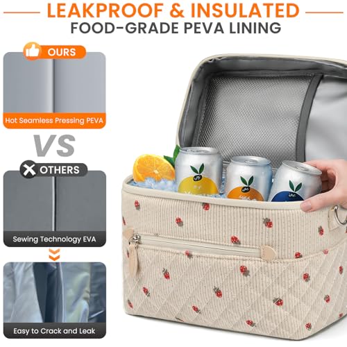 Tenot Insulated Lunch Box for Women Reusable, Leak Proof Cooler Lunch Bag Women for Work Stylish Quilted Lunch Tote Bag for Adult Picnic Travel Hiking Corduroy Strawberry - color: Corduroy Strawberry