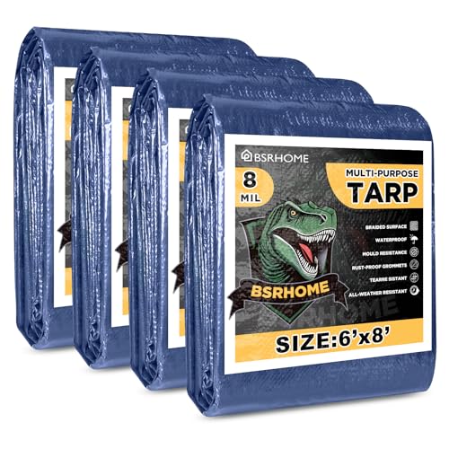 Tarps Waterproof 6x8 Feet, 4 Pack Heavy Duty Blue Tarp Cover 8 Mil Thick, Resistant Plastic Tarpaulin with Metal Grommets, Outdoor Tent Cover for Emergency Rain - color: Blue-8mil, size: 6'x8' 4pk