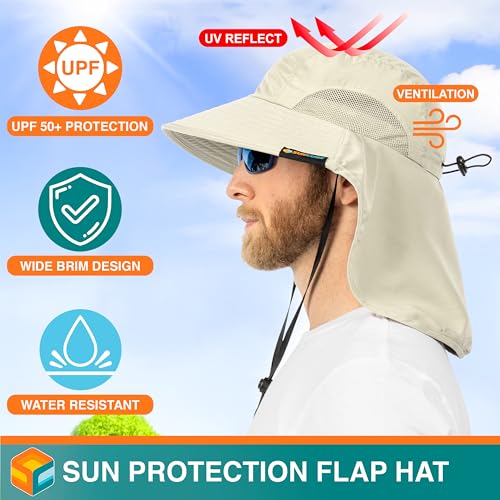 SUN CUBE Wide Brim Sun Hat with Neck Flap, UPF50+ Hiking Safari Fishing Hat for Men Women, Sun Protection Beach Hat - color: Beige