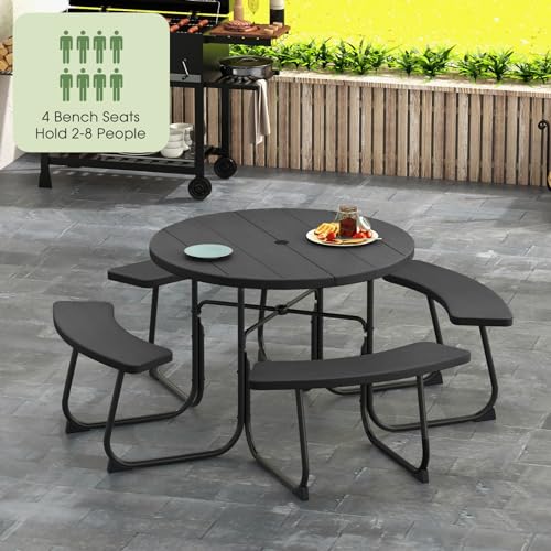Giantex Picnic Table Set for Up to 8 Persons, Round Outdoor Table and Bench Set with Umbrella Hole, HDPE Top & Metal Frame, 2000LBS Capacity, Patio Table Bench for Deck Backyard Garden (Black) - color: Black, size: Round-43"x43"x30"