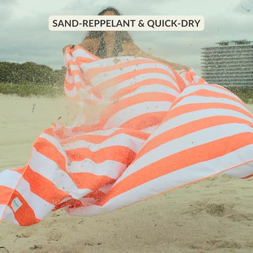 Plush Microfiber Beach Blanket, Extra Large Beach Mat for 3-6 Persons, Sandproof, Windproof | Hole for Umbrella, Corner Sand Pockets to Fight Wind (Bag for Blanket Included) - color: Peach & Stripes, size: X-Large