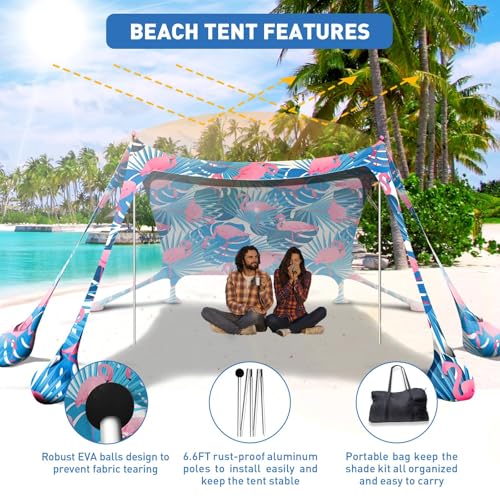 Beach Tent Sun Shelter 10x10ft Beach Canopy Easy Pop Up Sun Shade Portable UPF50+ with 8 Sandbags-2 Sand Shovel-4 Aluminum Poles-Ground Pegs for Outdoor Family Camping Fishing Backyard Picnic - color: Flamingos, size: 10x10 FT 4 Pole