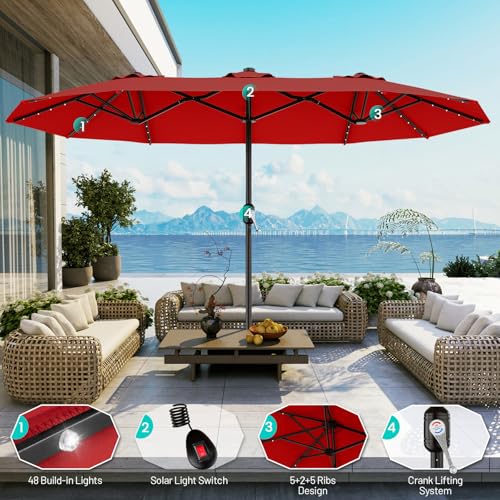 AreShark 13 FT Patio Umbrella with Solar Lights, Double-Sided Outdoor Table Umbrellas with Crank, Large Rectangular Market Umbrella for Porch, Lawn, Pool, Backyard, Red - color: Red, size: 6.5x13 Ft