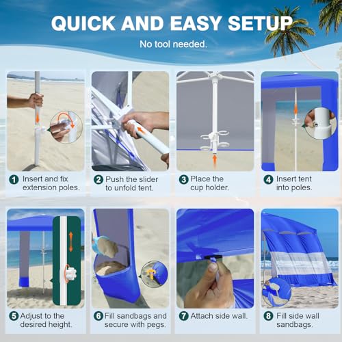 Rhino Valley Beach Cabana, 8 * 8FT Beach Tent UPF50+ Protection, Easy Setup Beach Canopy Wind Resistant with Cup Holder, Compact Beach Shade Foldable Beach Tent Sun Shelter,Dark Blue - color: Dark Blue