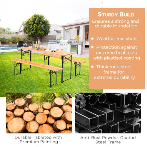 NAFORT 6FT Picnic Table Set, 3-Piece Folding Beer Table & Bench, Portable Wooden Picnic Tables for Outdoors Dining Table Set w/Metal Frame for Patio Garden