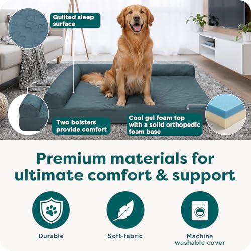 Furhaven Cooling Gel Dog Bed for Large Dogs w/ Removable Bolsters & Washable Cover, For Dogs Up to 95 lbs - Pinsonic Quilted Paw L Shaped Chaise - Titanium, Jumbo/XL - color: (Quilted Paw) Titanium, size: Jumbo