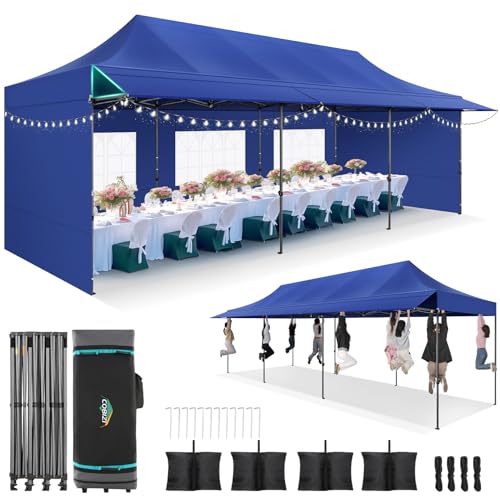 COBIZI 10x30 Pop Up Canopy Tent with Awning & Sidewalls, Heavy Duty Commercial 10X30 Canopy Tents Instant Waterproof, UPF 50+ Sun Shade for Outdoor, Parties, Markets (Deep Blue) - color: Deep blue, size: 10x30FT with 5 Sidewalls & 3 Awning Cloth