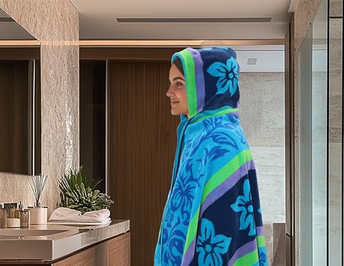 COTTON CRAFT Hooded Beach Towel for Adults – Oversized 39x68 Towel with Hood - 100% Cotton Velour Terry Jacquard Pool Bath Wrap - 450 GSM Soft Absorbent Quick Dry – Tropical Hibiscus Aqua Blue Purple - color: Hibiscus - Aqua Blue Purple, size: 1 Pack - 39