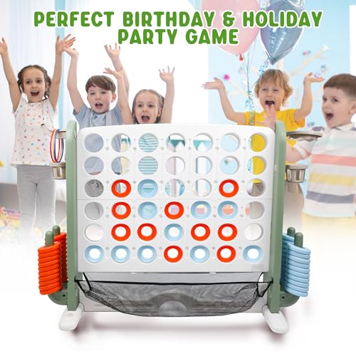 Wdmiya Giant 4 Outdoor Game Set, 4-in-1 Height Adjustable Jumbo 4-in-a-Row Game with Ring Toss, Basketball Hoop & Golf, Backyard Games for Kids & Adults, Includes Mesh Pocket (Upgrade Green) - color: Upgrade Green