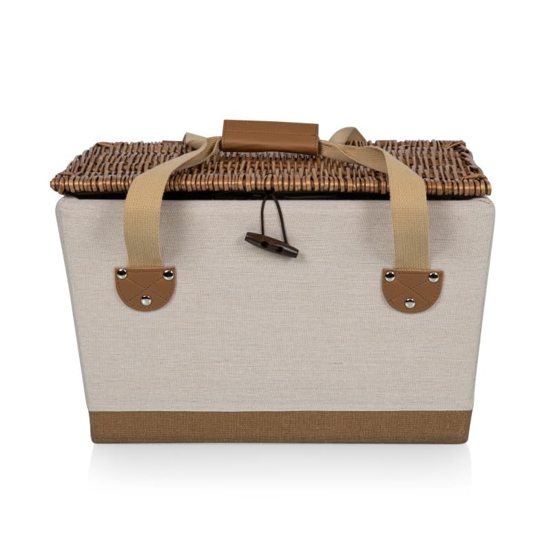 Picnic TIME Boardwalk Picnic Basket, Romantic Vintage English-Style Wooden Basket, Complete Deluxe Service for Four with Durable Canvas and Handwoven Lid - color: White With Bees and Lemon Pattern for 2