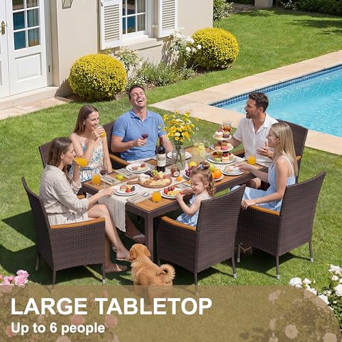 Devoko Dining 7 PCS Furniture, Patio Conversation Set with Acacia Wood Table Top, Outdoor, Beige Cushion and Brown Rattan - color: Brown, style: 7 Piece Dining Set