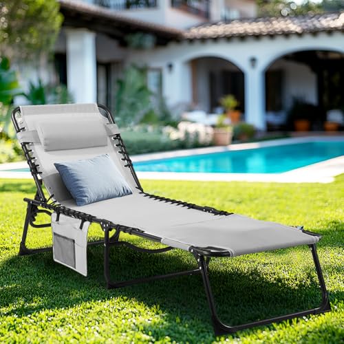 Unovivy Tanning Chairs with Face Hole Set of 2, Teslin Folding Outdoor Lounge Chair with 5-Position Reclining Back for Sunbathing, Pool, Patio, Camping - color: Grey