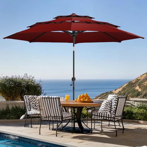 wikiwiki 10ft 3-Tier Patio Umbrella Outdoor Table Market Umbrella for Patio with Push Button Tilt/Crank, Fade Resistant Waterproof POLYESTER Canopy for Garden, Deck, Backyard & Pool, Burgundy Red - color: Burgundy Red, size: 10 FT