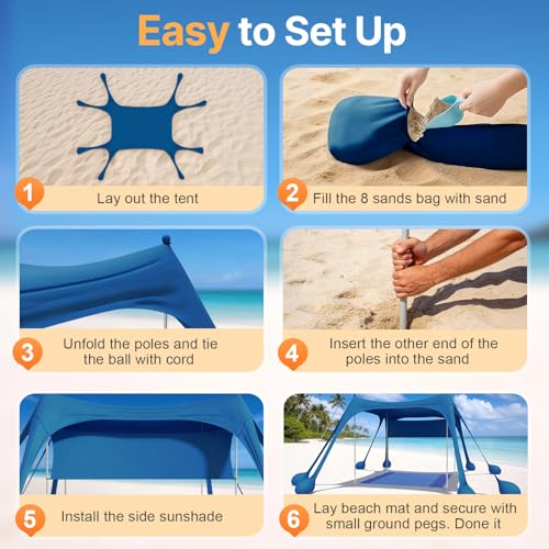 HOPERAN Beach Tent Sun Shelter, UPF50+ UV Protection, 10x10FT Pop Up Shade Beach Canopy Windproof for Outdoor Camping, Fishing, Picnics with 8 Sandbags, 1 Beach Mat, 1 Sideshade, 4 Stability Poles - color: 10x10 FT Navy Blue