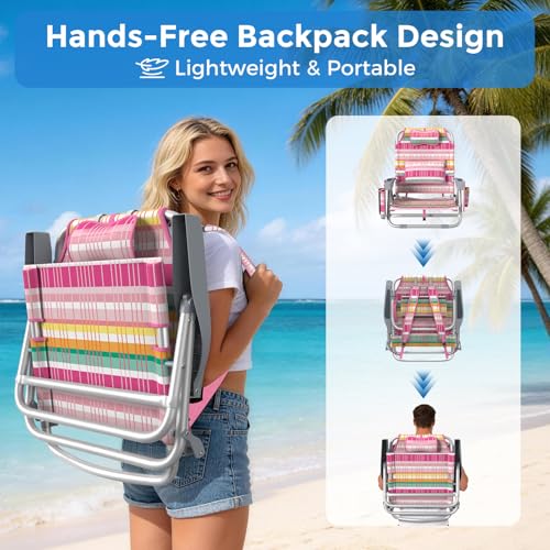 5-Position Backpack Beach Chair for Adults with Lumbar, Foldable Tall Heavy-Duty Beach Chairs with Cooler Bag,Cup Holder,Towel Rack for Beach, Camping, Outdoor (2, Rainbow Pink) - color: Rainbow Pink, size: 2 pack
