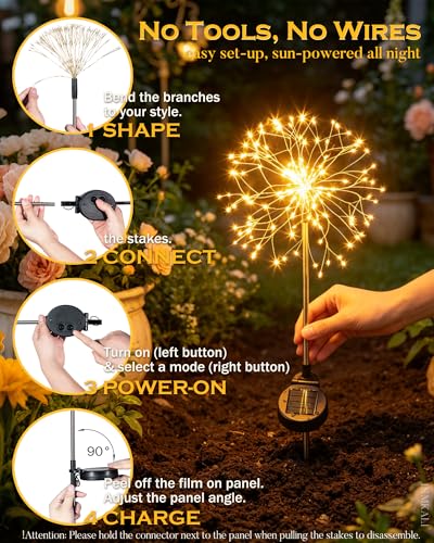 Solar Garden Lights Outdoor Yard Decorations, 4 Pack 150Leds Pathway Light, Fairy Firework Stake Lights for Garden, Patio, Pathway, Flowerbed Gold Color - color: Golden, size: 4 Pack