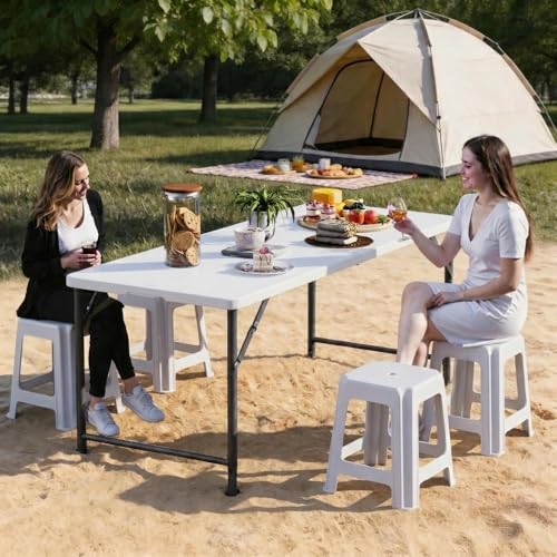 YITAHOME 6FT Folding Table, Outdoor Folding Table w/Heavy Duty HDPE Tabletop, Rectangle Folding Tables w/Portable Carrying Handle for Picnic, Parties, Camping & Indoor Activities, White - color: White