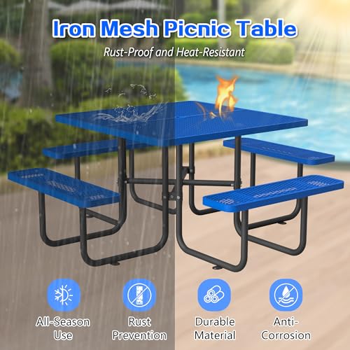 46" Square Metal Picnic Tables for Outdoors with Umbrella Hole - Coated Steel Heavy Duty Commercial Grade Table with Seats, Patio Furniture Set for a Lifetime, Blue - color: Blue-square