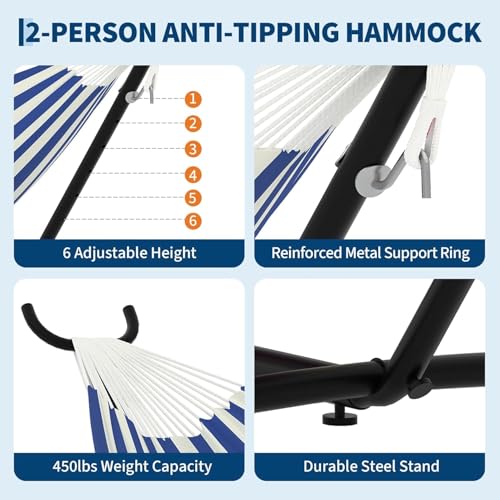 TrailBlaze Double Hammock with Stand, Heavy Duty Portable Steel Hammock Set for Outdoor and Indoor Use, 500lb Capacity, Includes Carrying Bag, Space Saving Design,Quick Assembly - color: Blue and White Stripes