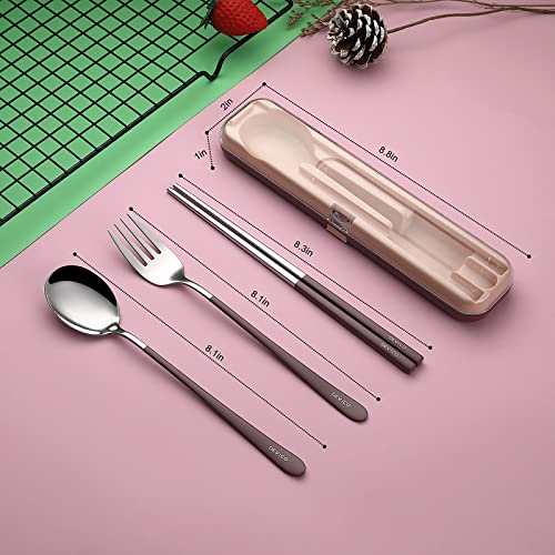 DEVICO Portable Utensils, Travel Reusable Silverware Flatware Set for Lunch, 18/8 Stainless Steel 4-Piece Camping Cutlery Include Fork Spoon Chopsticks with Case (Brown) - color: Brown