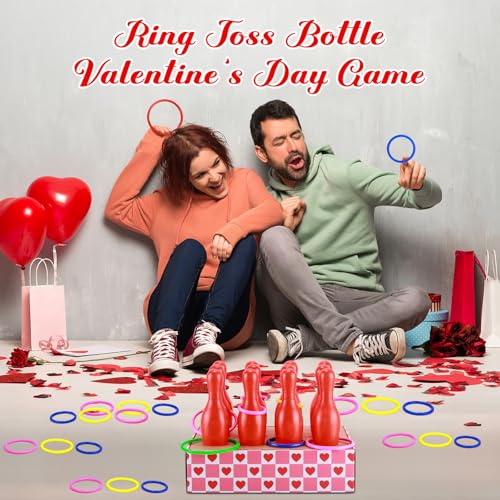 45 Pcs Valentine Bottle Toss Game Bowling Set Galentines Day Ring Toss Games Pink Red Hearts Box 12 Plastic Bowling Pins 32 Throw Rings for Holiday Party Backyard Outdoor Activity Carnival Game