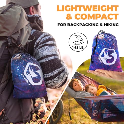 Foxelli Camping Hammock – Ultralight Hammock for Backpacking, Hiking, Festivals, Travel - Easy Setup with Tree-Friendly Ropes & Steel Carabiners, Heavy Duty Parachute Nylon - color: Universe