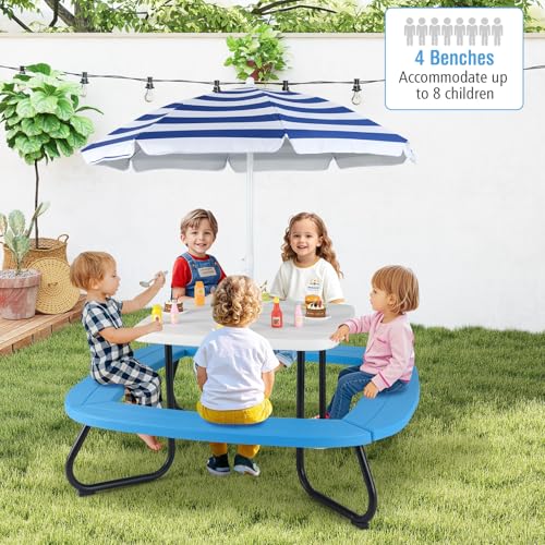 HONEY JOY Kids Picnic Table, 8 Person Toddler Outdoor Table and Chair Set, 4 Built-in Benches, Removable Umbrella, Metal Frame & HDPE Top, Children Outdoor Furniture for Backyard Patio Garden (Blue) - color: Blue
