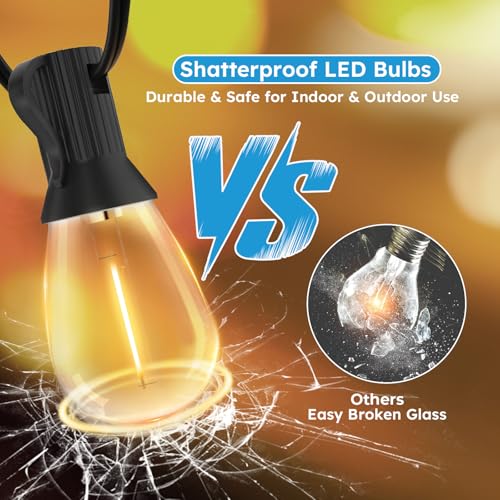 GvvooHome LED Outdoor String Lights, 50FT Waterproof Patio Lights with 16 Shatterproof S11 Plastic Bulbs, 2700K Warm White Edison Hanging Lights for Backyard, Garden, Porch, Bistro - size: 50FT
