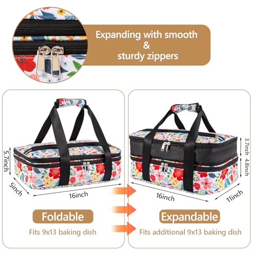 Double Decker Casserole Carrier Fits Pioneer Woman Kitchen Stuff & 9x13 Baking Dish, Expandable Lasagna Lugger Tote, Leakproof Thermal Food Warmer Bag for Potluck, Travel, Hot/Cold Food & Mom Gifts - color: Double Floral#2