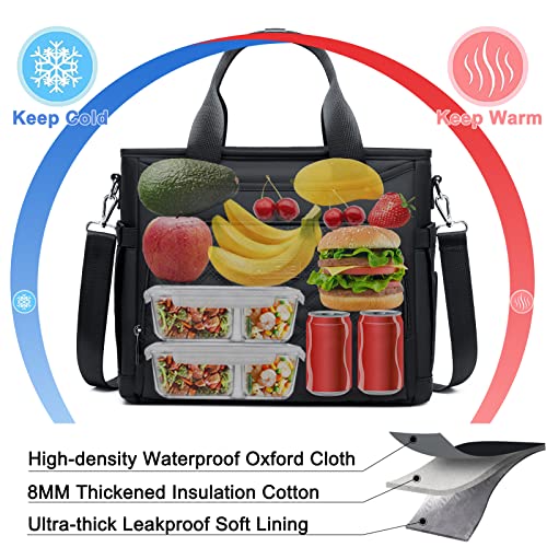 AIJIEKE Extra Large Lunch Bag for Women & Men, Insulated Leakproof Lunch Box for Work, Reusable Adult Lunch Tote with Shoulder Strap, Multi-Pocket Cooler Bag for Office, Picnic, Beach, Black - color: Black