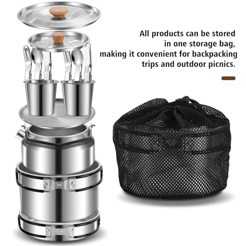 12pcs Outdoor Camping Cookware Kit, Lightweight Stainless Steel Kettle, Non-Stick Pot and pan, with Fork Spoon Kits Suitable for picnics and Backpacking Trips
