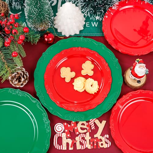 U-QE 100Pcs Christmas Plastic Plates - Green and Red Plate Disposable for Party, Plastic Christmas Plates Disposable Include 50 Red Dessert Plate, 50 Green Dinner Plate Suite for Party - color: Green Red
