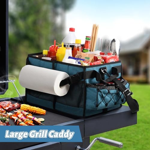 Lorbro Grill Caddy, BBQ Caddy with Paper Towel Holder, Portable Picnic Basket for Utensil and Condiment, Barbecue Grilling Tool Accessories Storage Organizer for Outdoor Griddle, Tailgate, Camping, RV - style: Blue