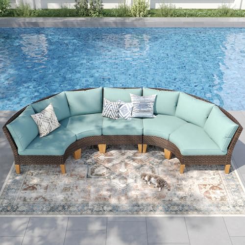 PHI VILLA 3-Piece Half-Moon Patio Furniture Set, Outdoor Curved Sectional Sofa Conversation Set with Cushions, Wicker Modular Couch for Garden, Deck, Backyard, Aqua Blue - color: Aqua Blue, size: 5 Seats - Half Moon