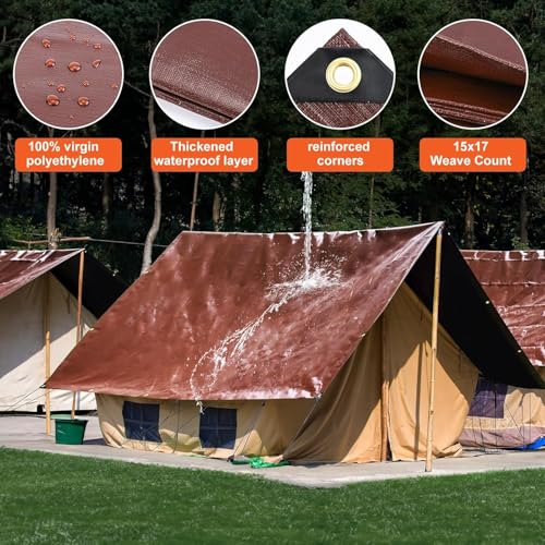 Heavy Duty Waterproof Tarp, Brown/Silver Multipurpose Poly Cover with Grommets, 50x50 Feet, 10 Mil Thickness, All-Season Outdoor Protection