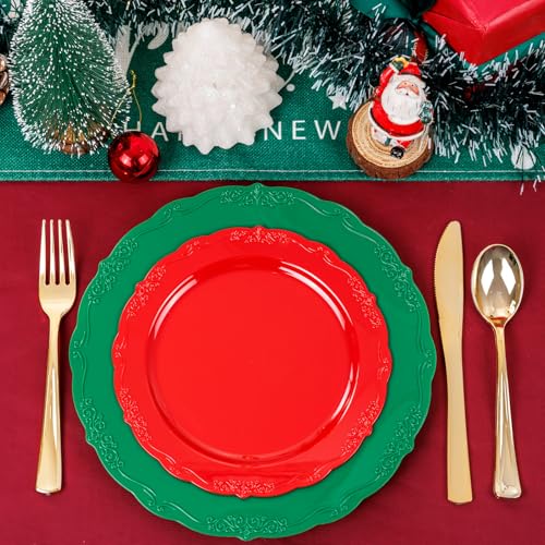 U-QE 100Pcs Christmas Plastic Plates - Green and Red Plate Disposable for Party, Plastic Christmas Plates Disposable Include 50 Red Dessert Plate, 50 Green Dinner Plate Suite for Party - color: Green Red