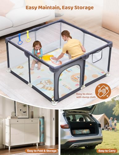 Dripex Baby Playpen with Mat, 47"x47" Play Pen for Toddlers 1-3 Years, Soft Breathable Visible Mesh, Indoor/Outdoor Portable Play Yard with Mat, Safe Baby Fence Play Area, Grey - color: Grey, size: 47"×47" with Mat