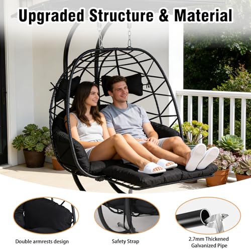 Double Egg Chair Outdoor with Stand & Adjustable Canopy, Extra Large 2 Person Hanging Chair with Leg Rests, Outdoor Egg Chair with Thickened Cushion, 600lbs Capacity for Patio, Garden (Black)
