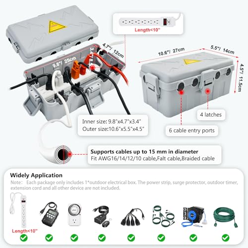 Hrensaw Medium Outdoor Electrical Box(10.6x5.5x4.5inch),Weatherproof Connection Box w/6 Cable Entry,IP54 Waterproof Extension Cord Cover Protect Power Strip,Timer,Plug,Holiday Lights,Grey - color: Grey, size: Medium