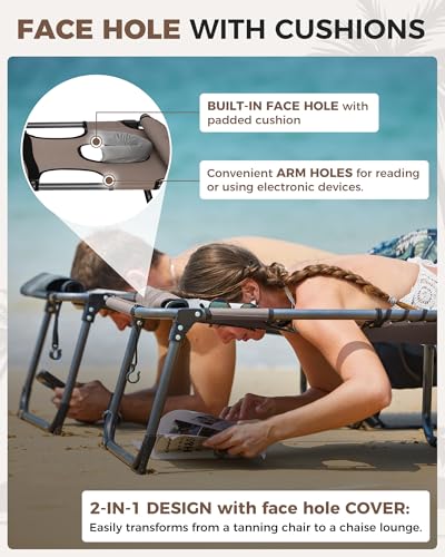 KingCamp Tanning Chair with Face Hole, Lounge Chairs Outdoor Folding Comfy Adjustable 5-Position Foldable Chaise Chaser with Canopy Shade for Outside Beach Patio Sun Bathing, Beige - color: C*skyshade Canopy——beige Canopy, style: oversized